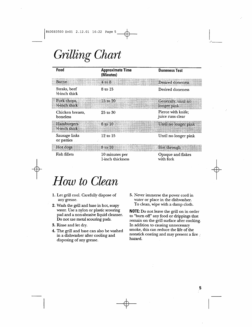 Grilling chart, How to clean | GE 840083500 User Manual | Page 5 / 32