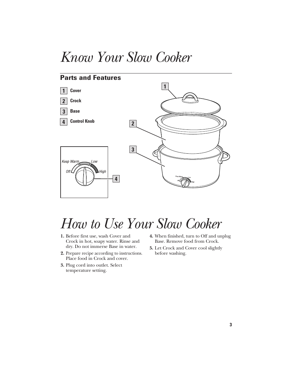 Know your slow cooker, How to use your slow cooker | GE 840070700 User Manual | Page 3 / 8