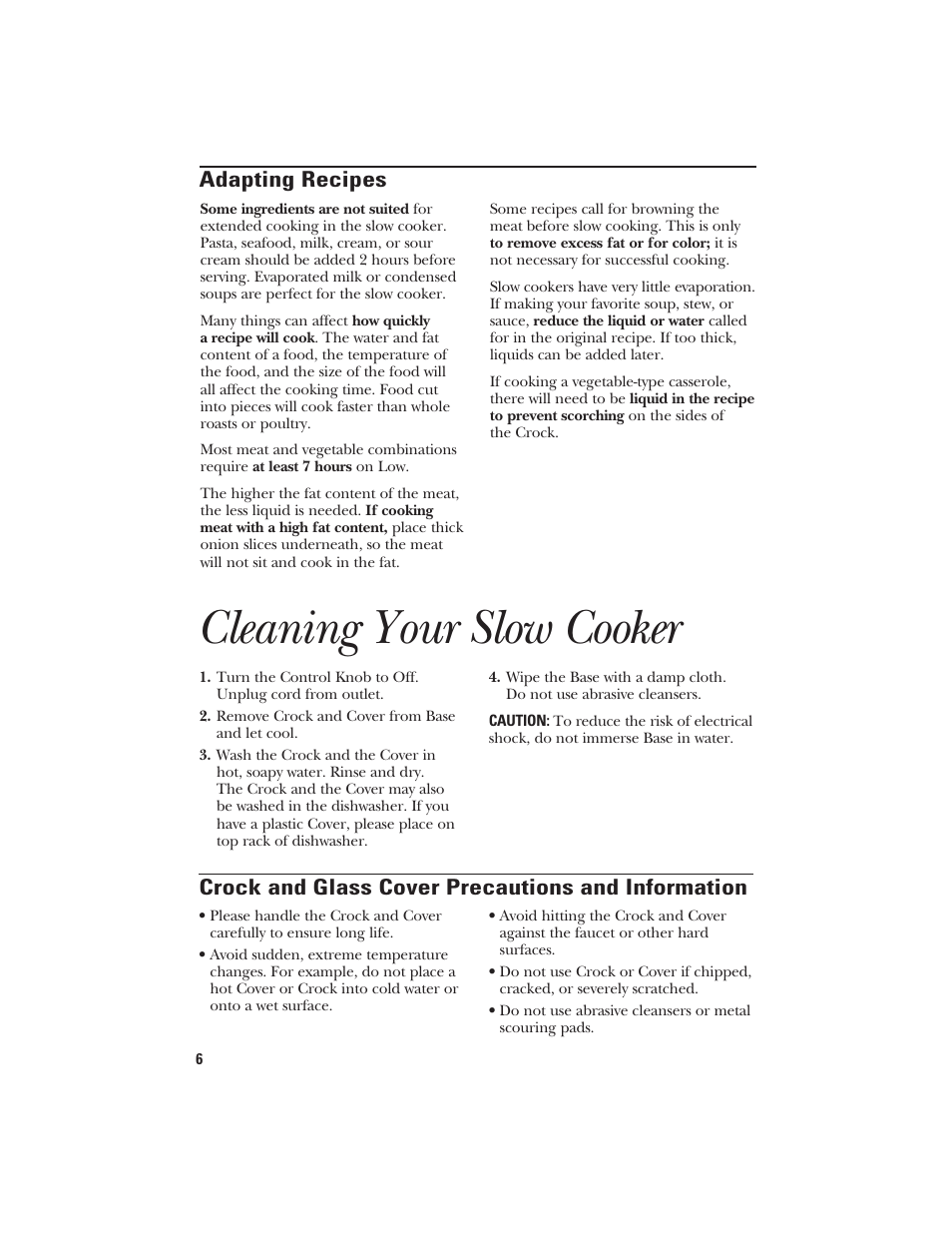 Cleaning your slow cooker, Adapting recipes, Crock and glass cover precautions and information | GE 840070700 User Manual | Page 6 / 8