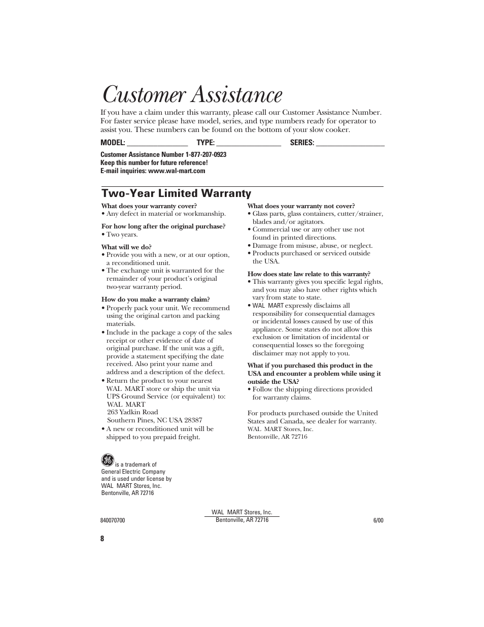 Customer assistance, Warranty, Two-year limited warranty | GE 840070700 User Manual | Page 8 / 8