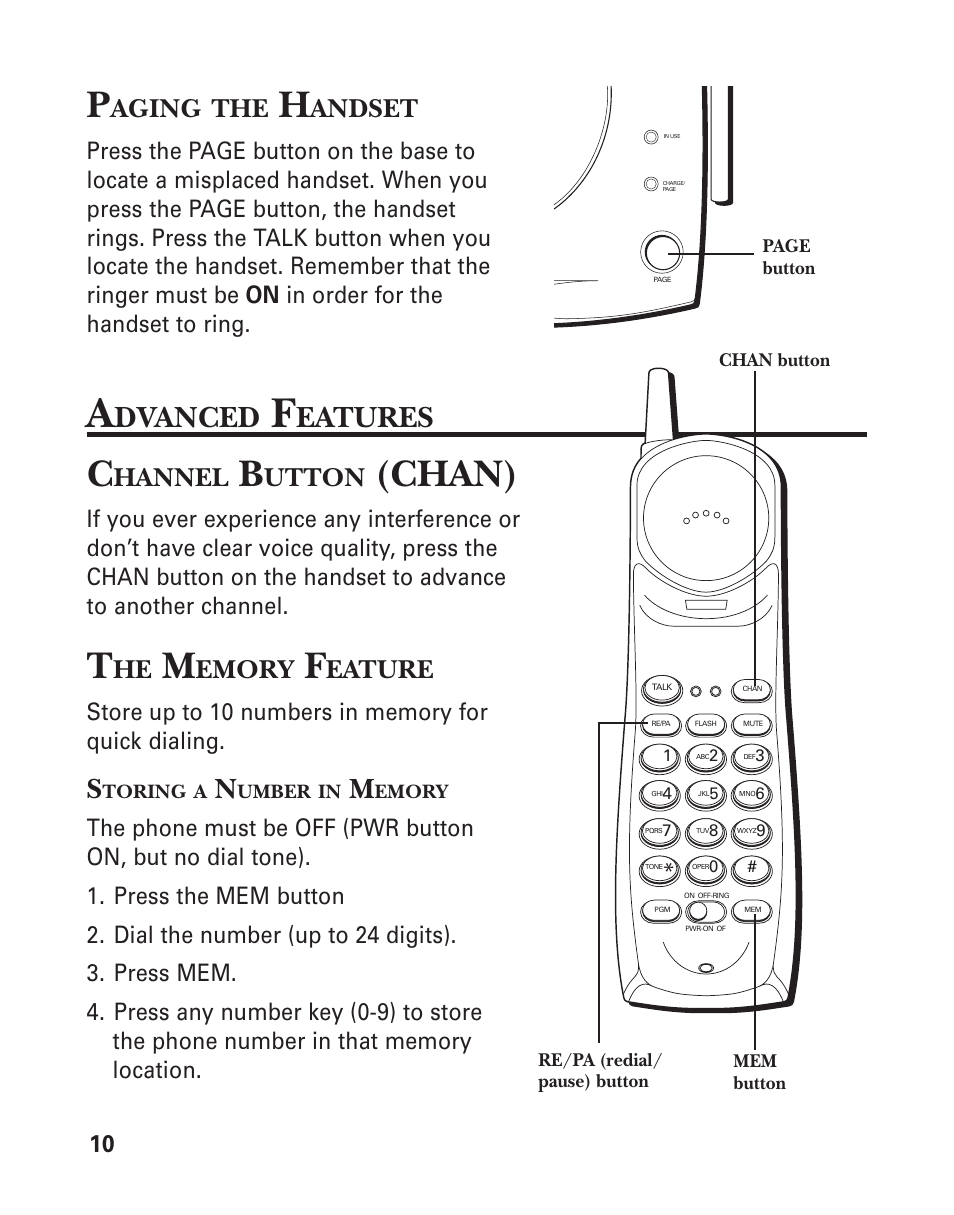 Paging the handset, Advanced features, Channel button (chan) | The memory feature, Storing a number in memory, Chan), Dvanced, Eatures, Aging, Andset | GE 15432970 User Manual | Page 10 / 22