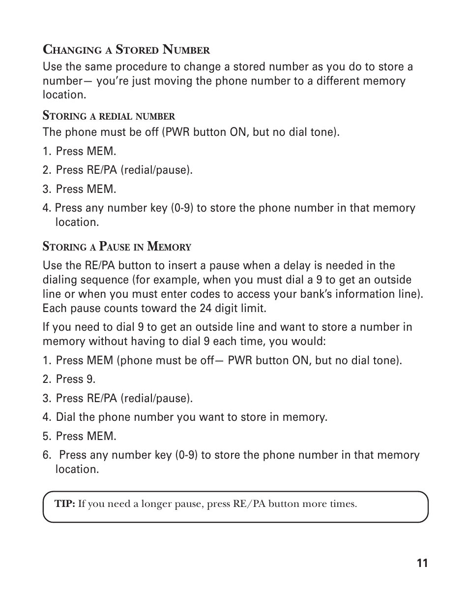 Changing a stored number, Storing a redial number, Storing a pause in memory | GE 15432970 User Manual | Page 11 / 22