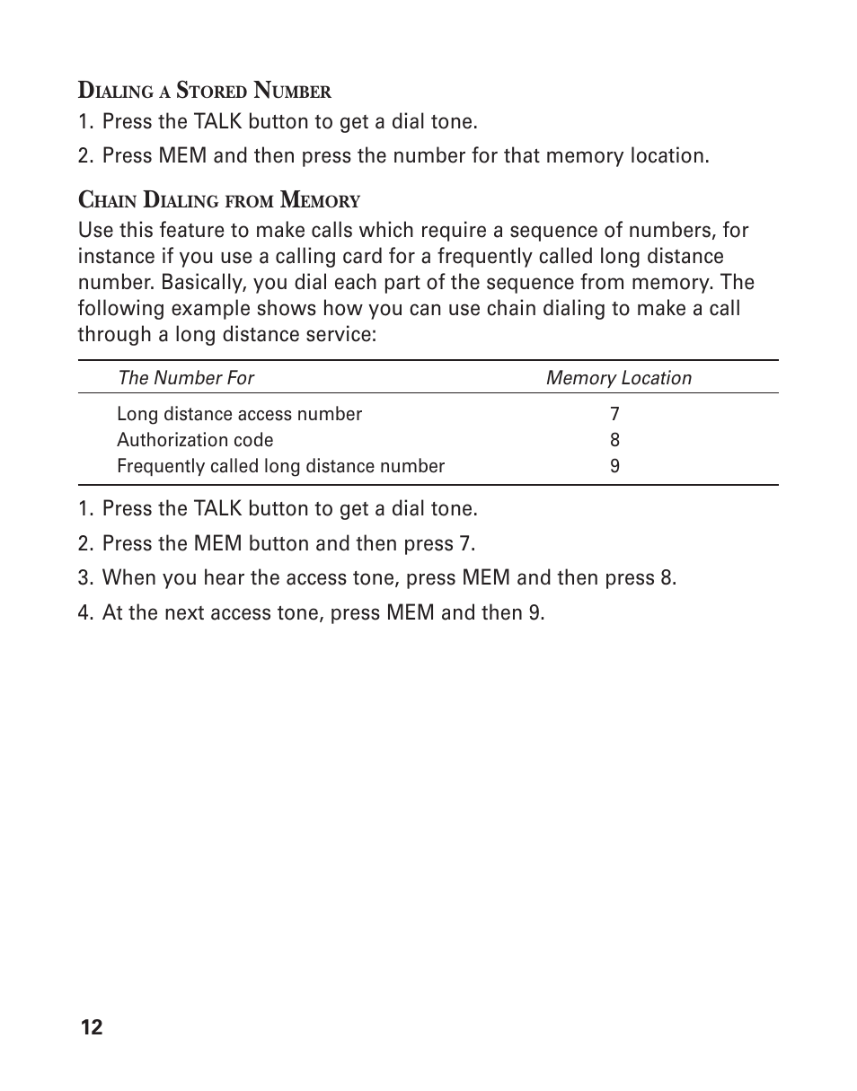 Dialing a stored number, Chain dialing from memory | GE 15432970 User Manual | Page 12 / 22