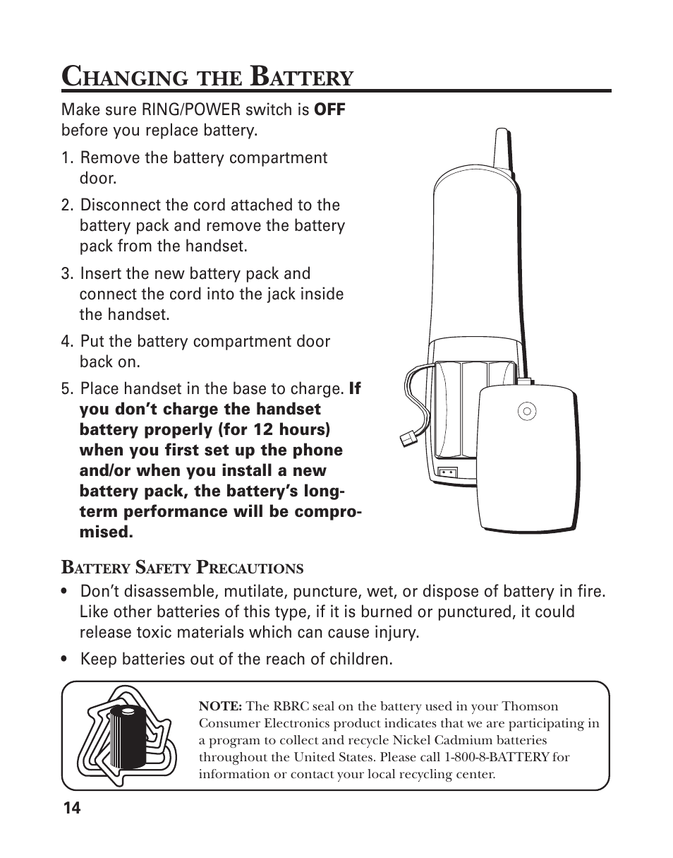 Changing the battery, Battery safety precautions, Hanging | Attery | GE 15432970 User Manual | Page 14 / 22