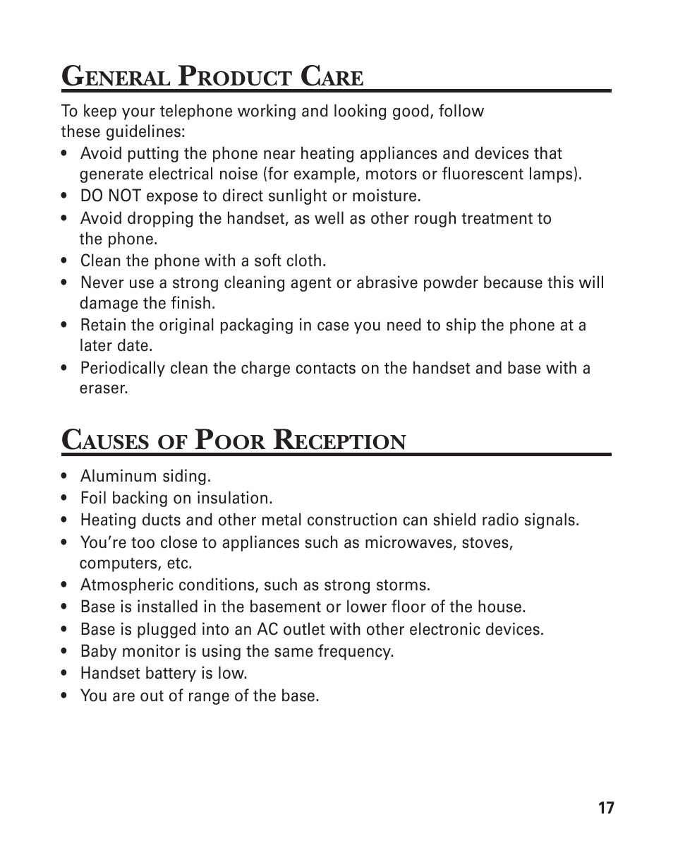 General product care, Causes of poor reception | GE 15432970 User Manual | Page 17 / 22