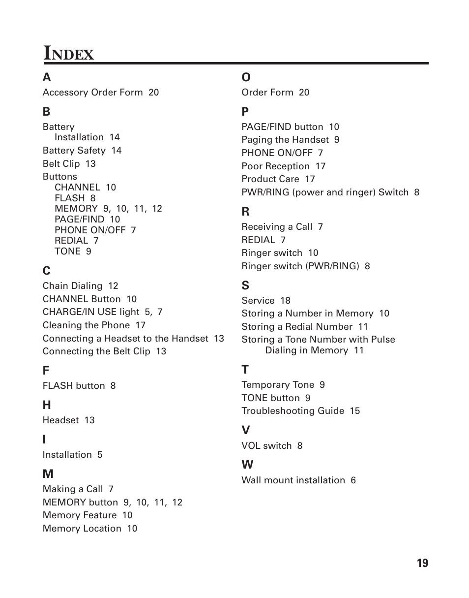 Index 19, Ndex | GE 15432970 User Manual | Page 19 / 22