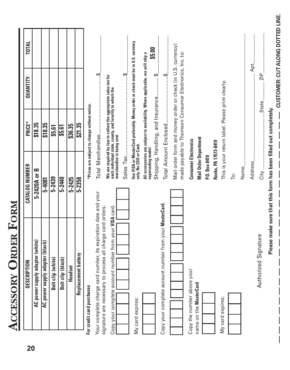 Accessory order form 20, Order form 20, Ccessor y | Rder | GE 15432970 User Manual | Page 20 / 22