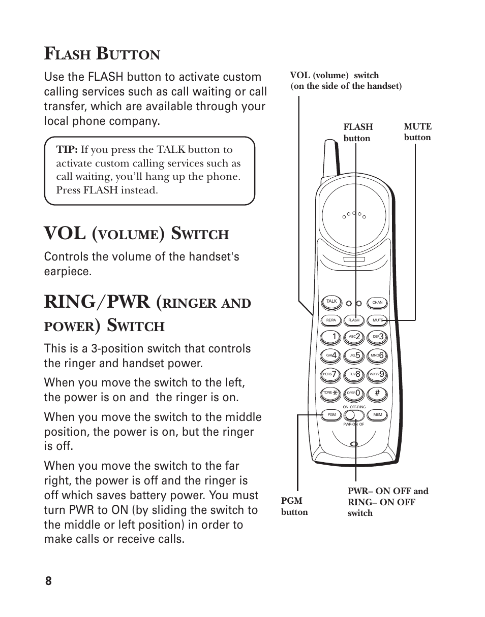Flash button, Vol (volume) switch, Ring/pwr (ringer and power) switch | Ring/pwr, Lash, Utton, Volume, Witch, Ringer, And power | GE 15432970 User Manual | Page 8 / 22
