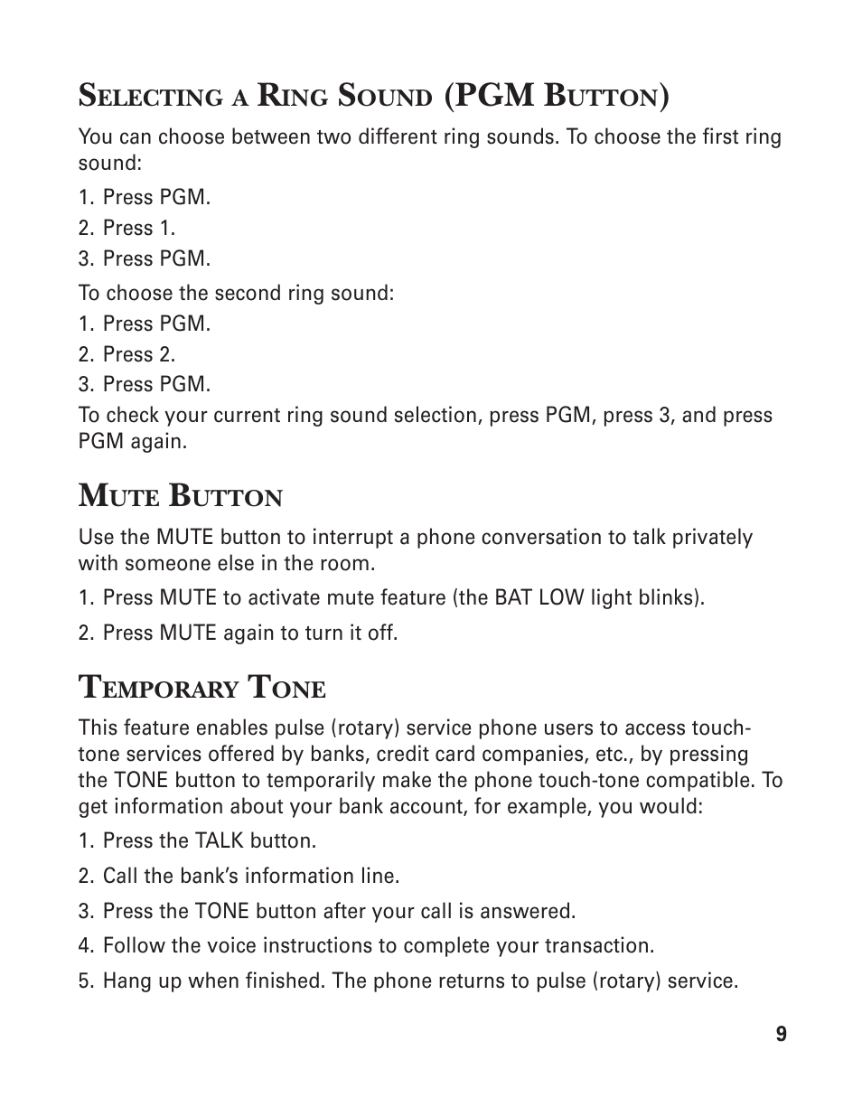 Selecting a ring sound (pgm button), Mute button, Temporary tone | Pgm b | GE 15432970 User Manual | Page 9 / 22