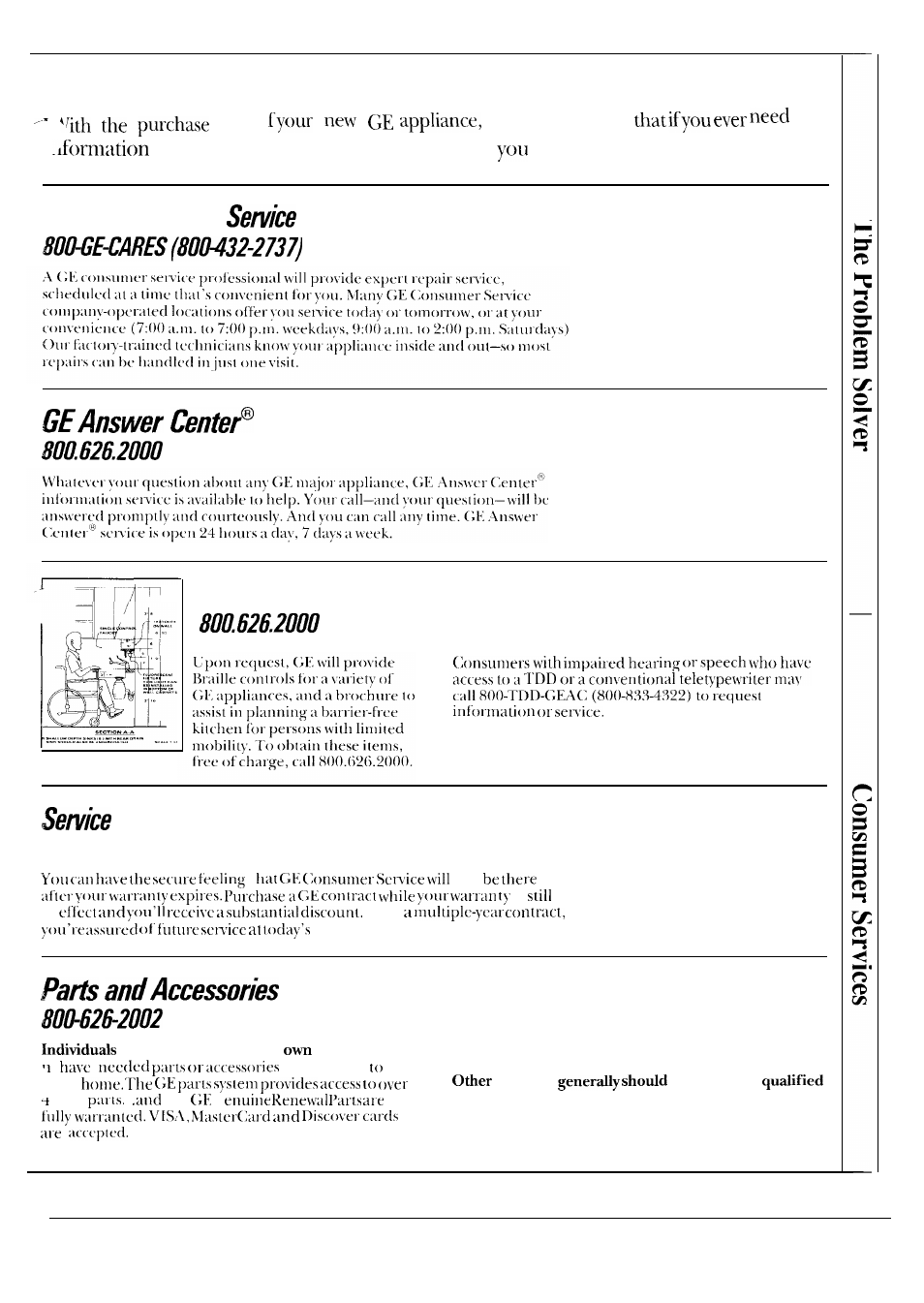 Consumer services, Important phone numbers, We’ll be there ~) | In-home repair for customers with special needs, Contracts | GE 164D2966P087 User Manual | Page 39 / 40