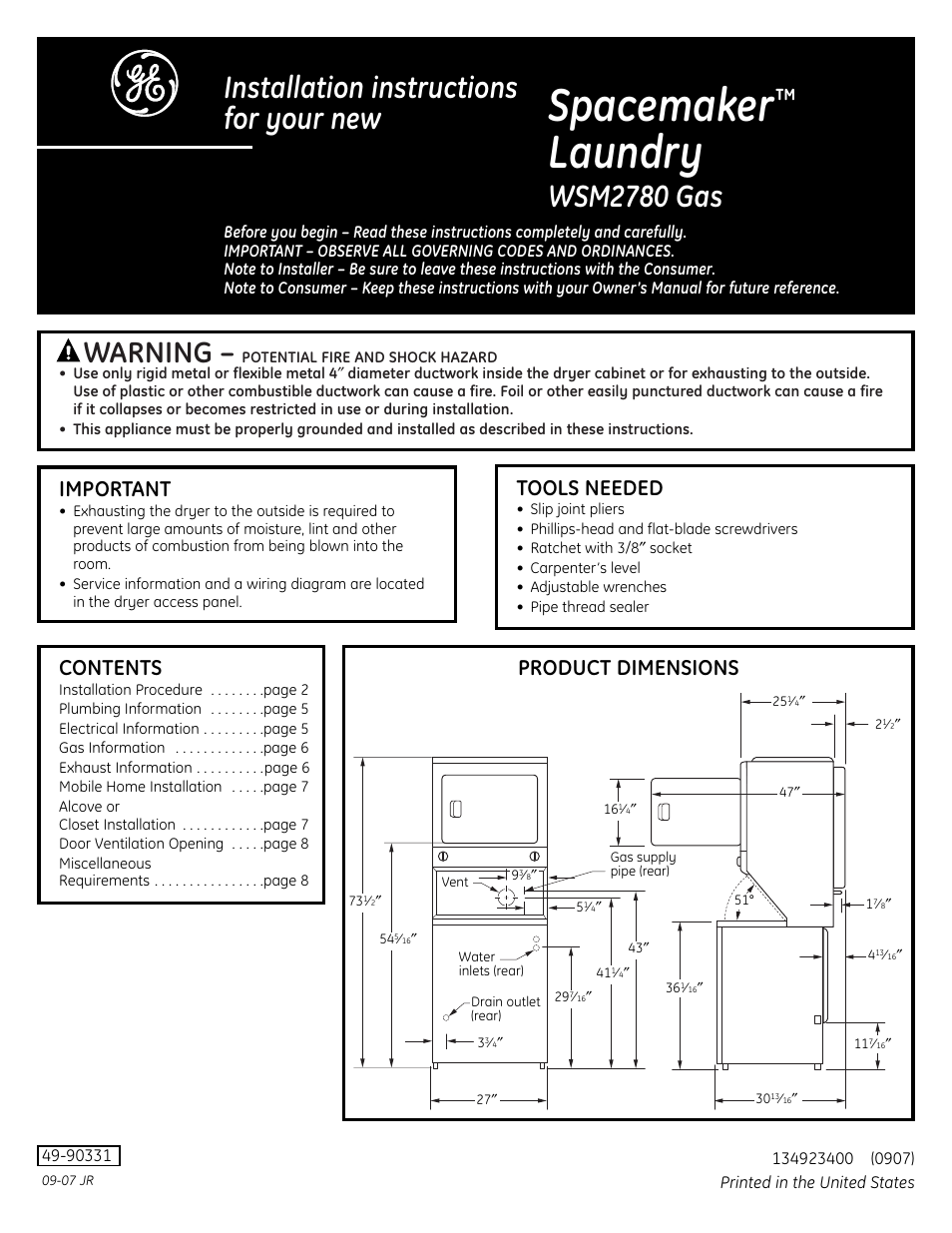 GE WSM2780 Gas User Manual | 8 pages