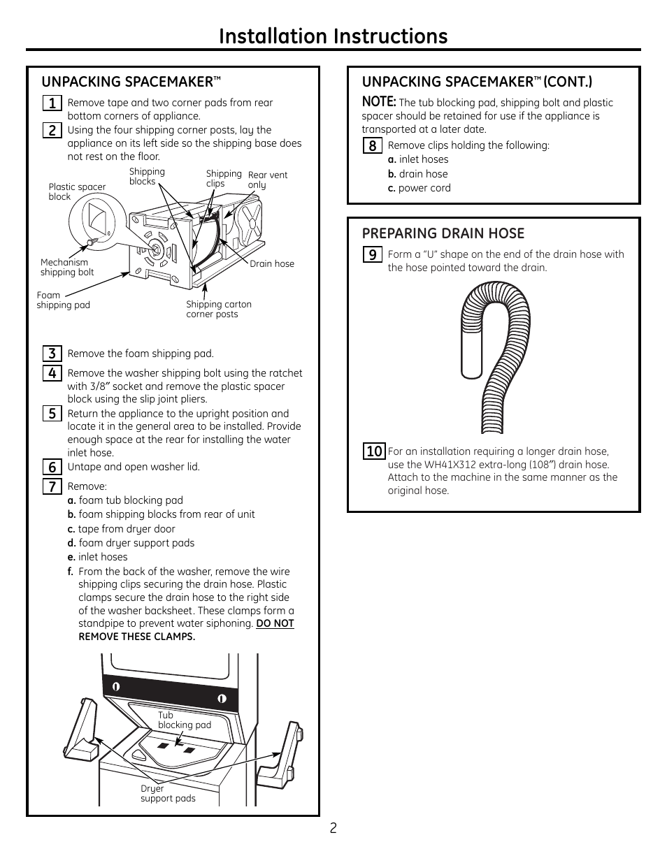 Installation procedure, Installation instructions, Preparing drain hose | 10 9 unpacking spacemaker, Unpacking spacemaker | GE WSM2780 Gas User Manual | Page 2 / 8