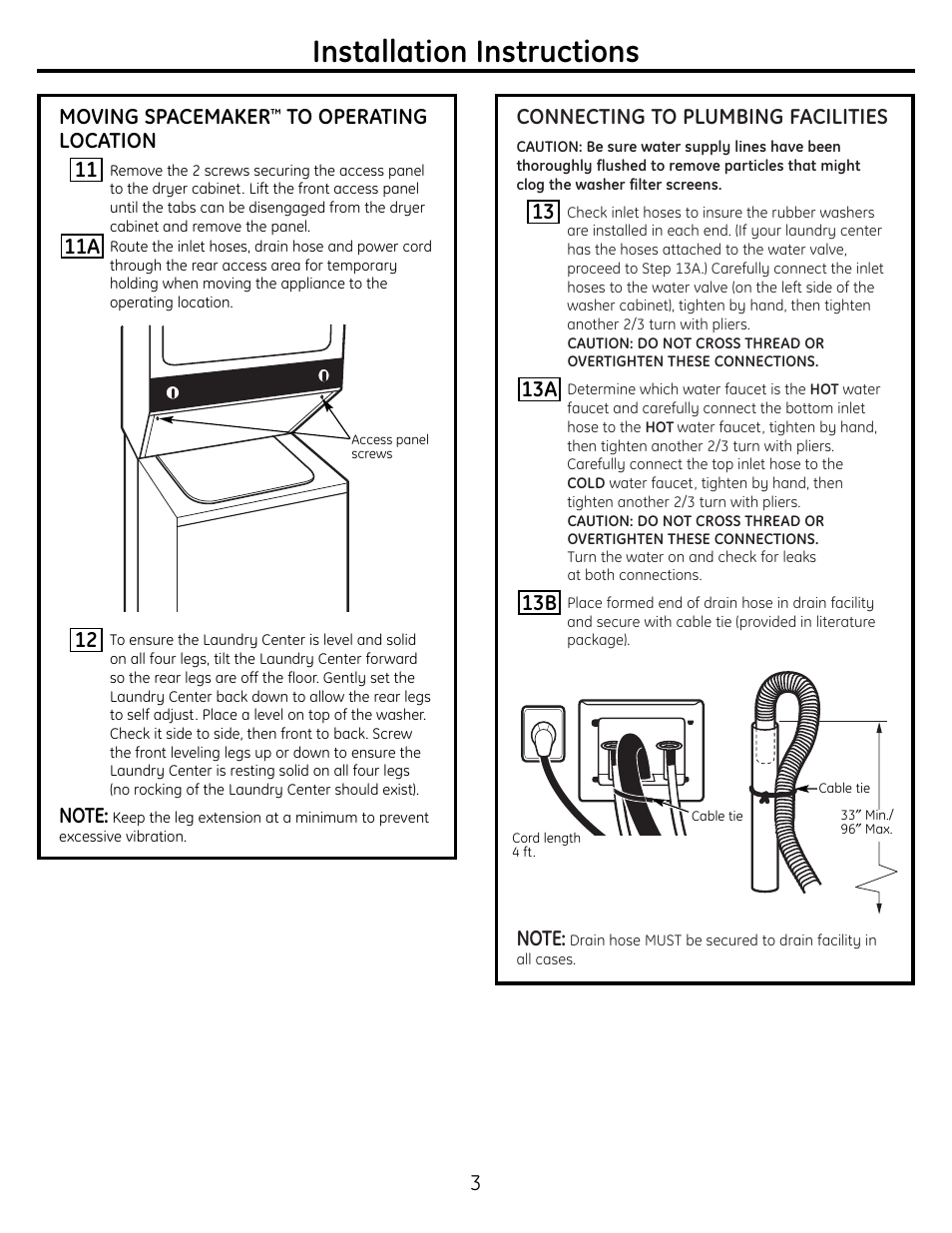 Installation instructions, Connecting to plumbing facilities | GE WSM2780 Gas User Manual | Page 3 / 8