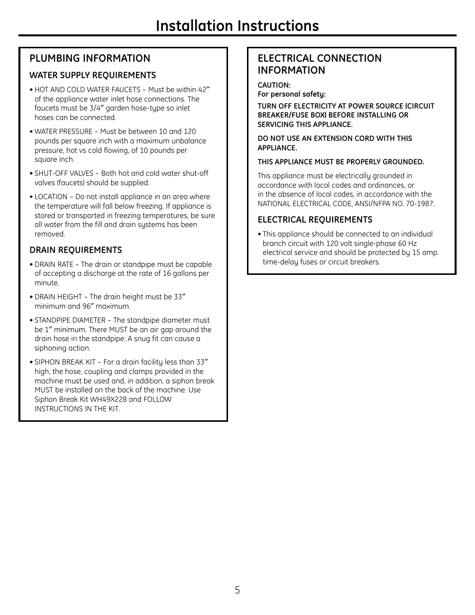 Plumbing information, Electrical information, Installation instructions | Electrical connection information | GE WSM2780 Gas User Manual | Page 5 / 8