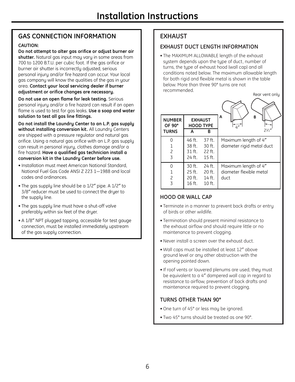 Gas information, Exhaust information, Installation instructions | Exhaust, Gas connection information | GE WSM2780 Gas User Manual | Page 6 / 8