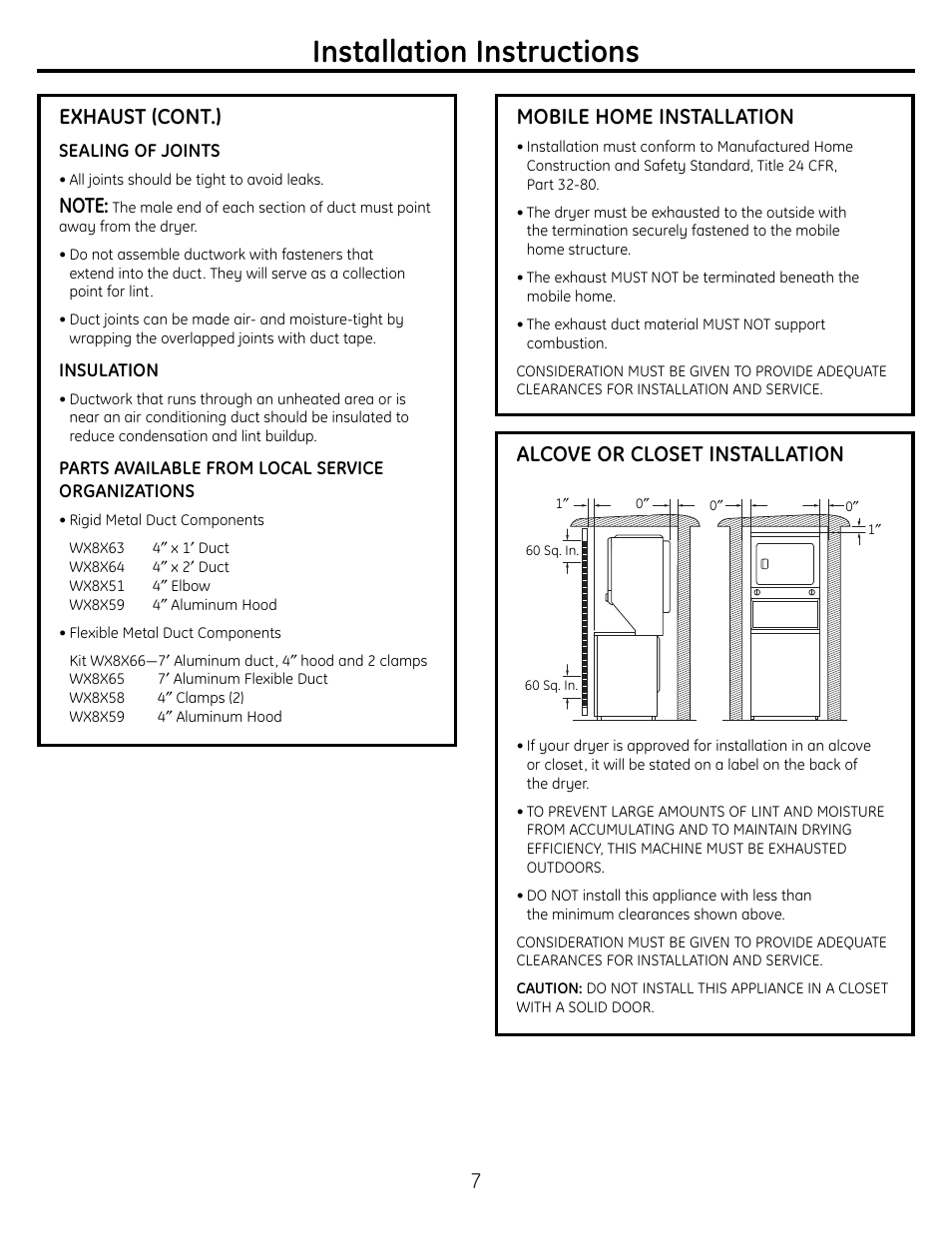 Mobile home installation, Alcove or closet installation, Installation instructions | Exhaust (cont.) | GE WSM2780 Gas User Manual | Page 7 / 8