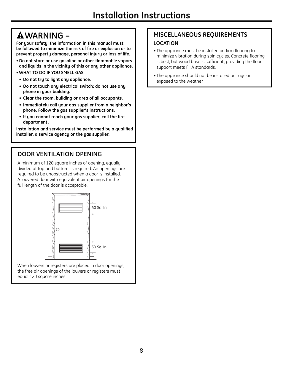 Door ventilation opening, Miscellaneous requirements, Installation instructions | Warning | GE WSM2780 Gas User Manual | Page 8 / 8