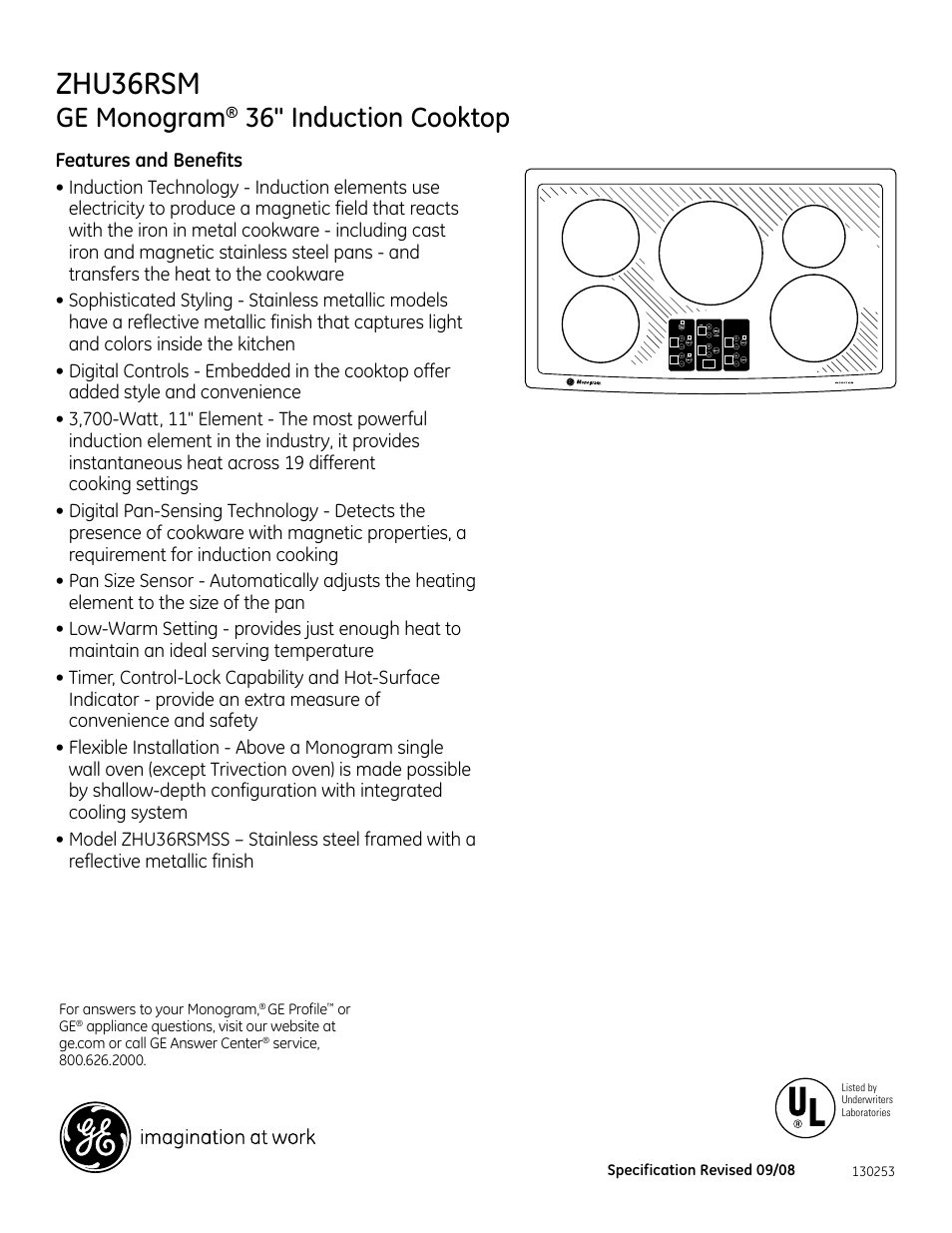 Zhu36rsm, Ge monogram, 36" induction cooktop | GE ZHU36RSMSS User Manual | Page 2 / 2