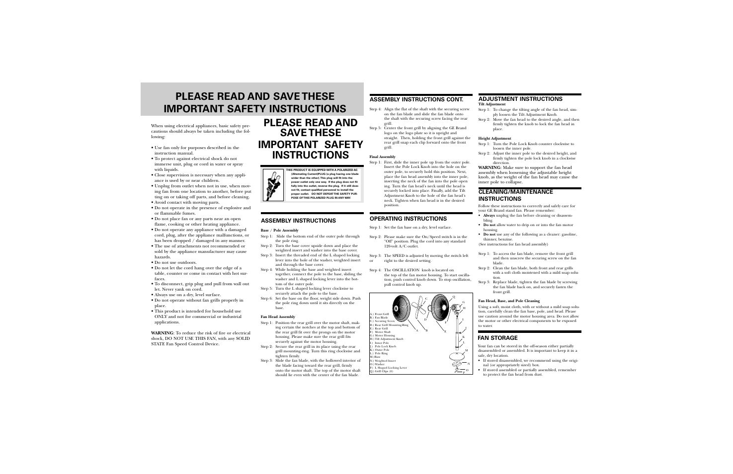 Safety instructions, Assembly instructions, Assembly instructions cont | Operating instructions, Cleaning/maintenance instructions, Fan storage, Adjustment instructions | GE 106573 User Manual | Page 2 / 4