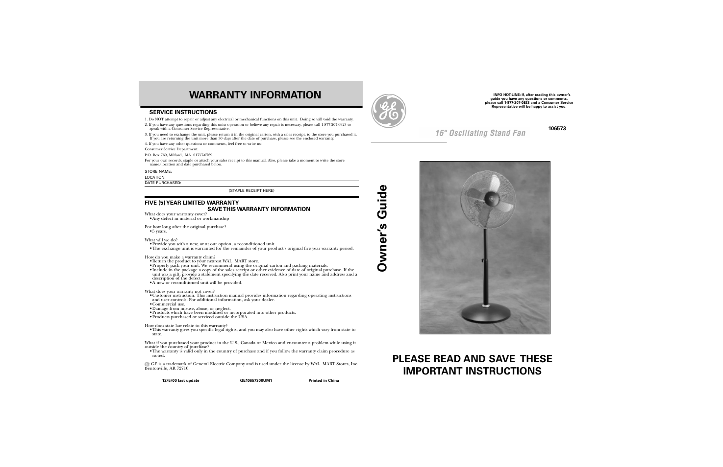 Service instructions, Warranty, Owner ’s guide | Warranty information, Please read and save these important instructions | GE 106573 User Manual | Page 4 / 4