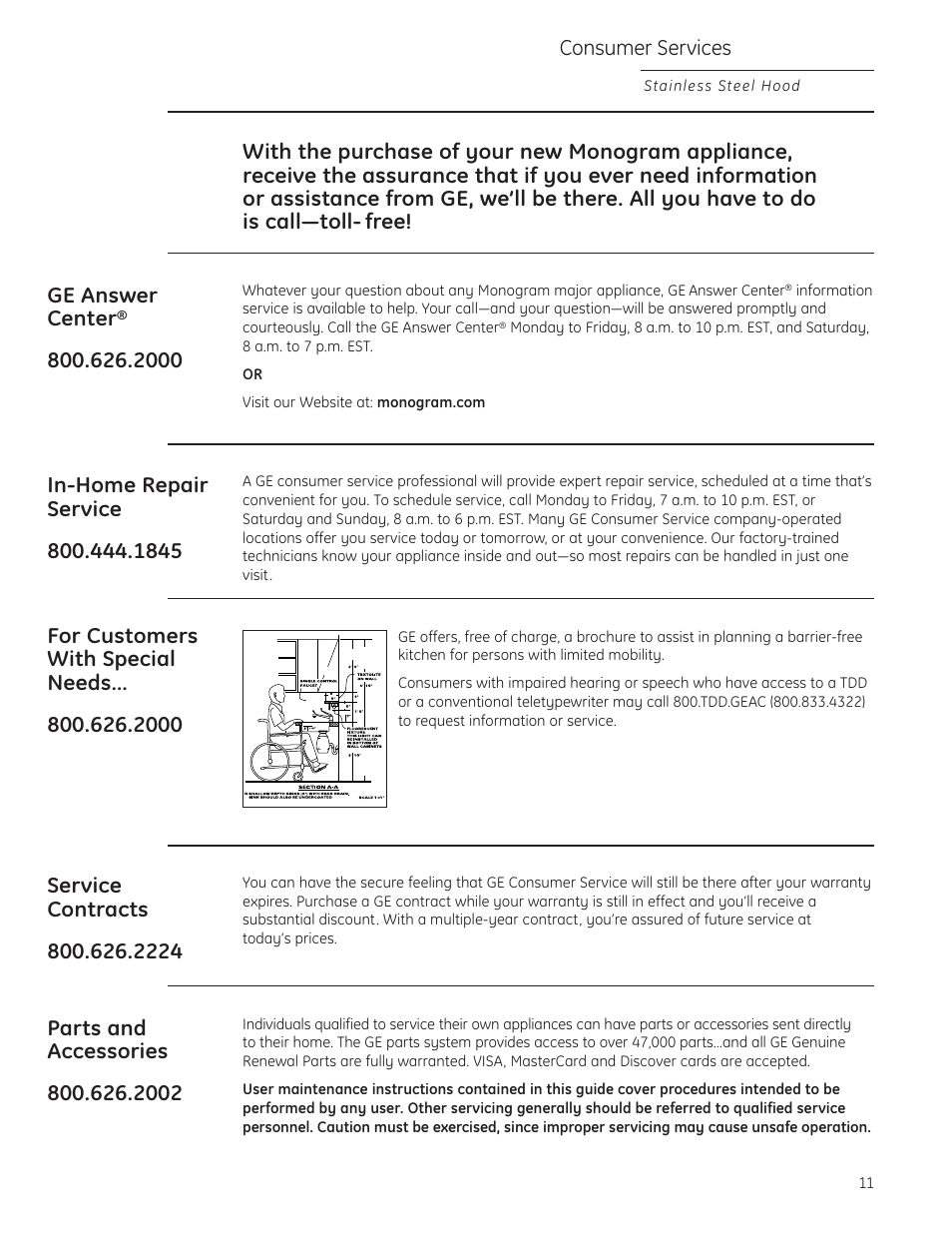 Important phone numbers, Consumer services | GE Monogram ZV855 User Manual | Page 11 / 32