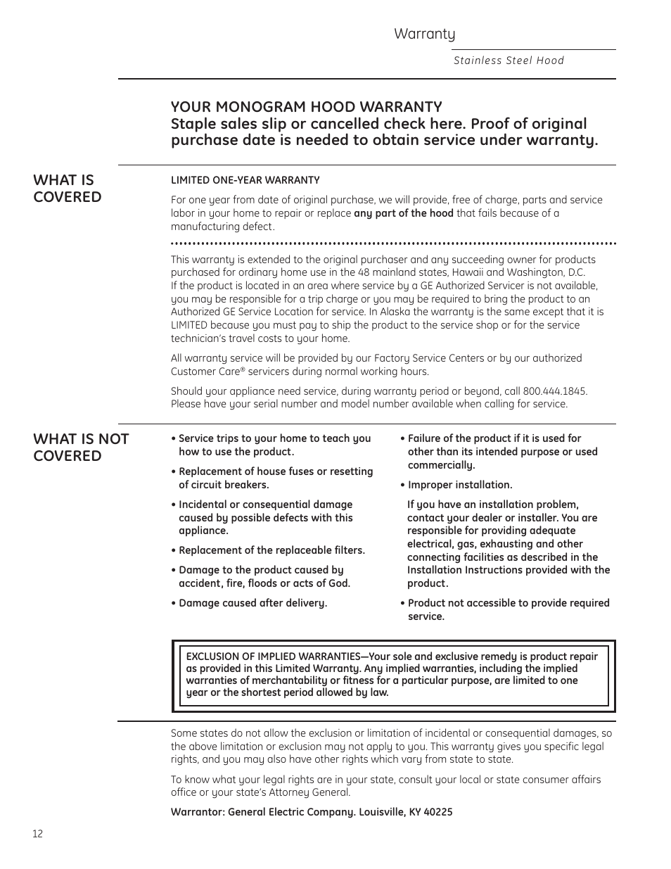 Warranty, What is not covered | GE Monogram ZV855 User Manual | Page 12 / 32