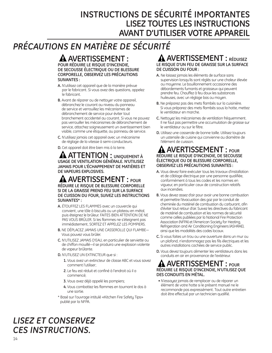 Instructions de sécurité, Avertissement, Attention | GE Monogram ZV855 User Manual | Page 14 / 32