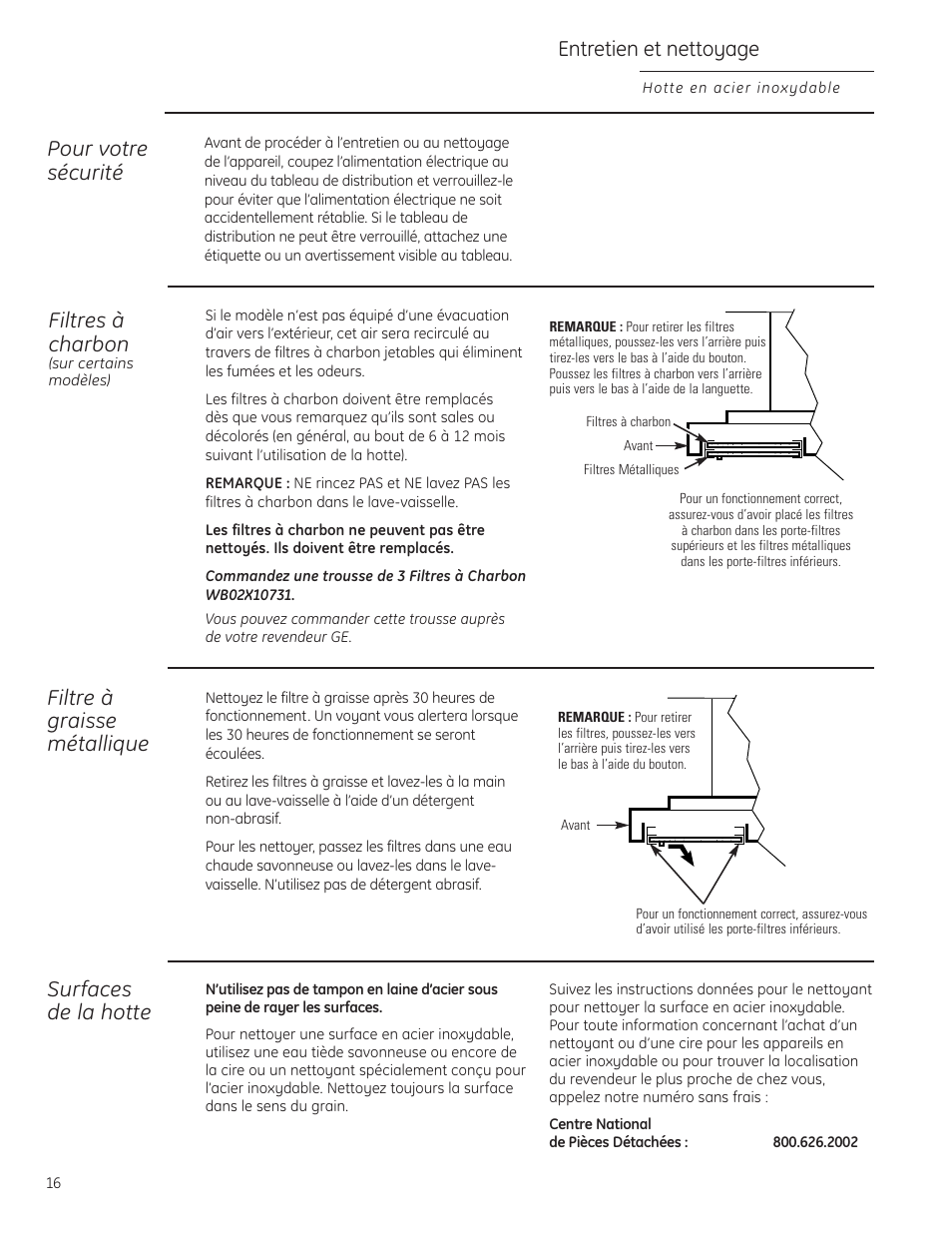 Filtres à charbon, Filtre à graisse métallique, Surfaces de hotte | Entretien et nettoyage, Surfaces de la hotte, Pour votre sécurité | GE Monogram ZV855 User Manual | Page 16 / 32