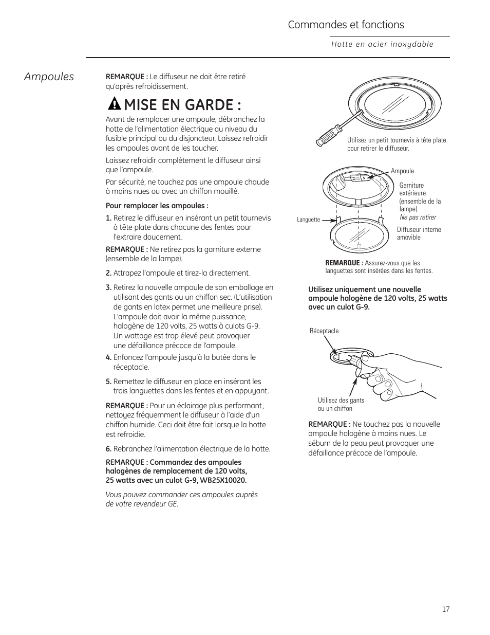 Ampoules, Mise en garde, Commandes et fonctions | GE Monogram ZV855 User Manual | Page 17 / 32