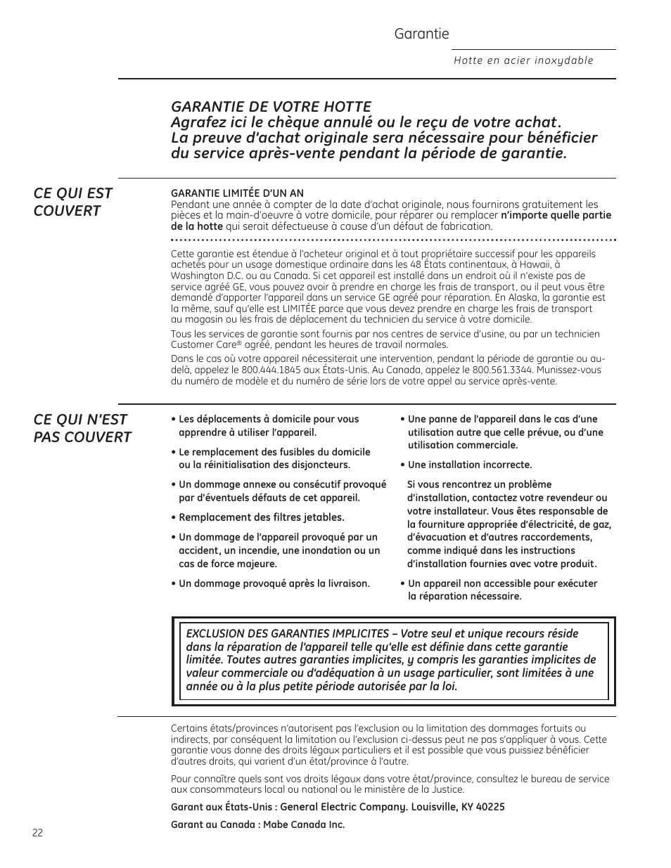 Garantie, Ce qui n’est pas couvert | GE Monogram ZV855 User Manual | Page 22 / 32