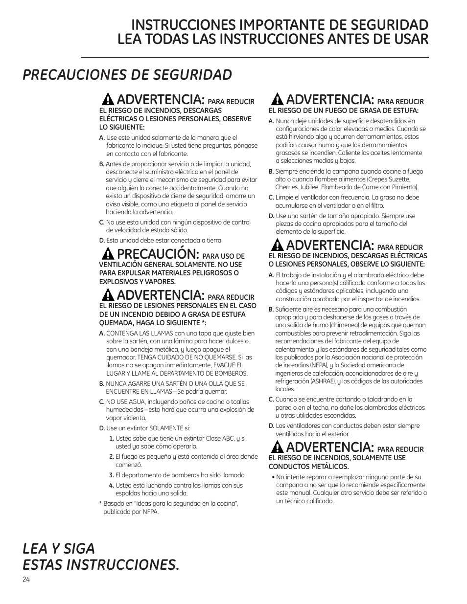 Instrucciones de seguridad, Advertencia, Precaución | GE Monogram ZV855 User Manual | Page 24 / 32