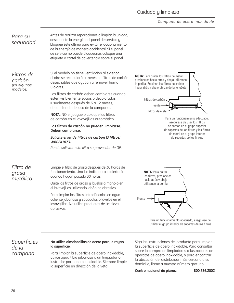 Filtros de carbón, Filtro de grasa metálico, Superficies de campana | Cuidado y limpieza, Superficies de la campana, Para su seguridad | GE Monogram ZV855 User Manual | Page 26 / 32