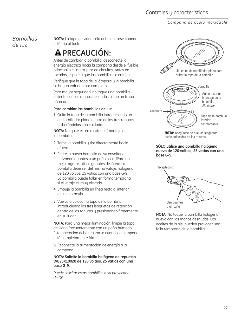 Bombillas de luz, Precaución, Controles y características | GE Monogram ZV855 User Manual | Page 27 / 32