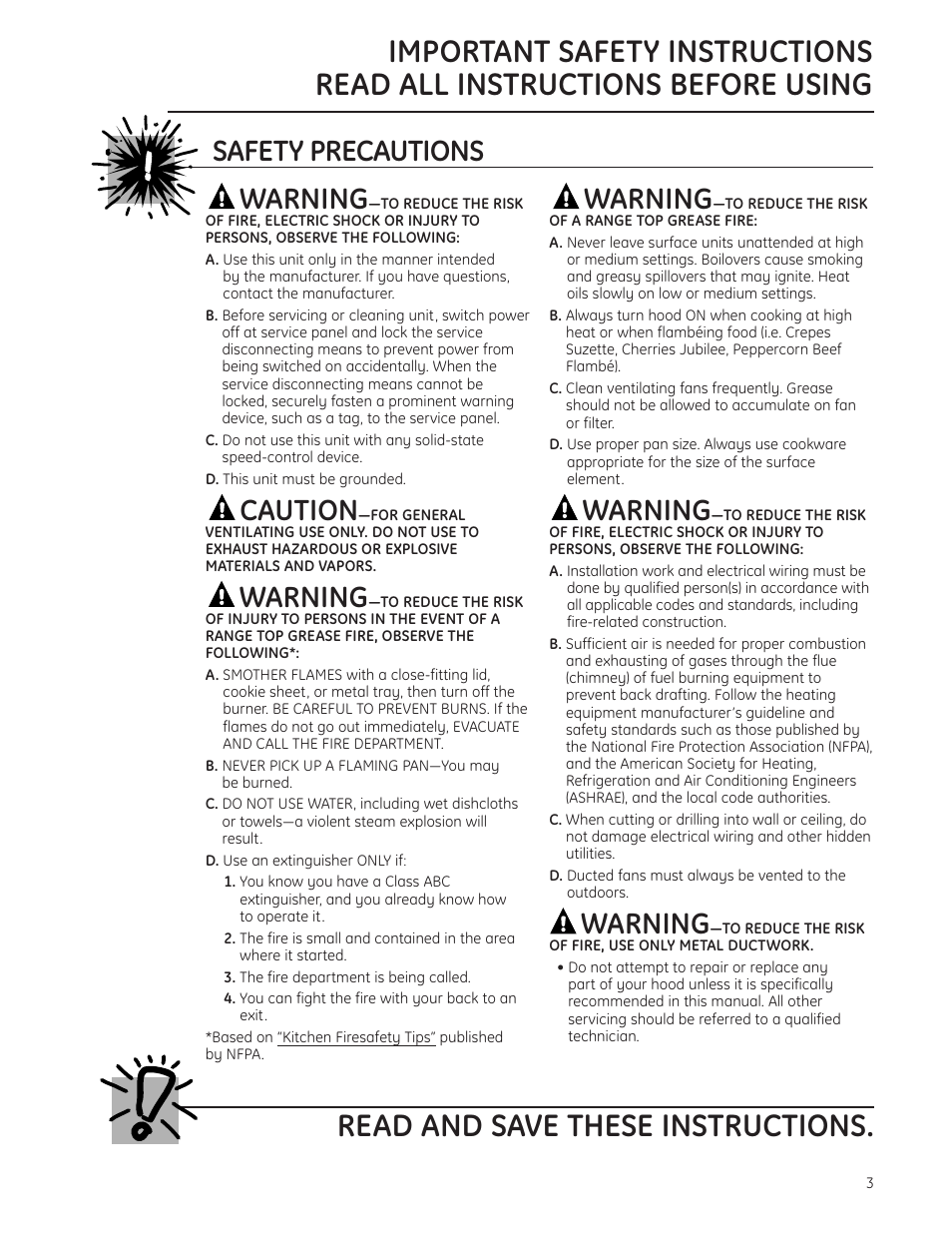 Safety instructions, Warning, Caution | Safety precautions | GE Monogram ZV855 User Manual | Page 3 / 32