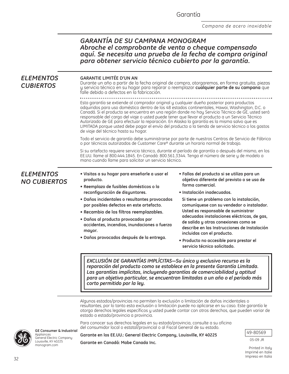 Garantía, Elementos no cubiertos | GE Monogram ZV855 User Manual | Page 32 / 32