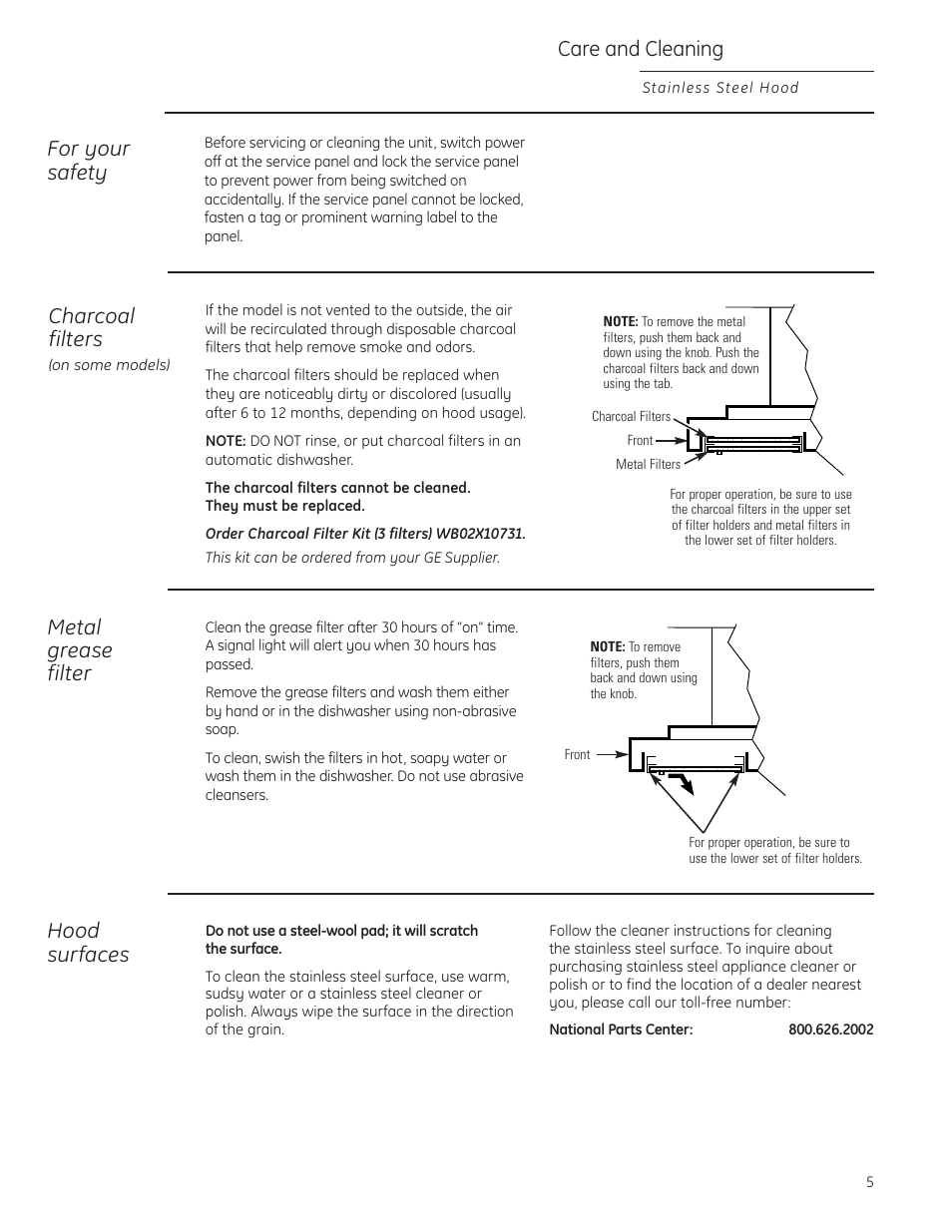 Charcoal filters, Hood surfaces, Metal grease filter | Charcoal filters hood surfaces, Care and cleaning, For your safety | GE Monogram ZV855 User Manual | Page 5 / 32