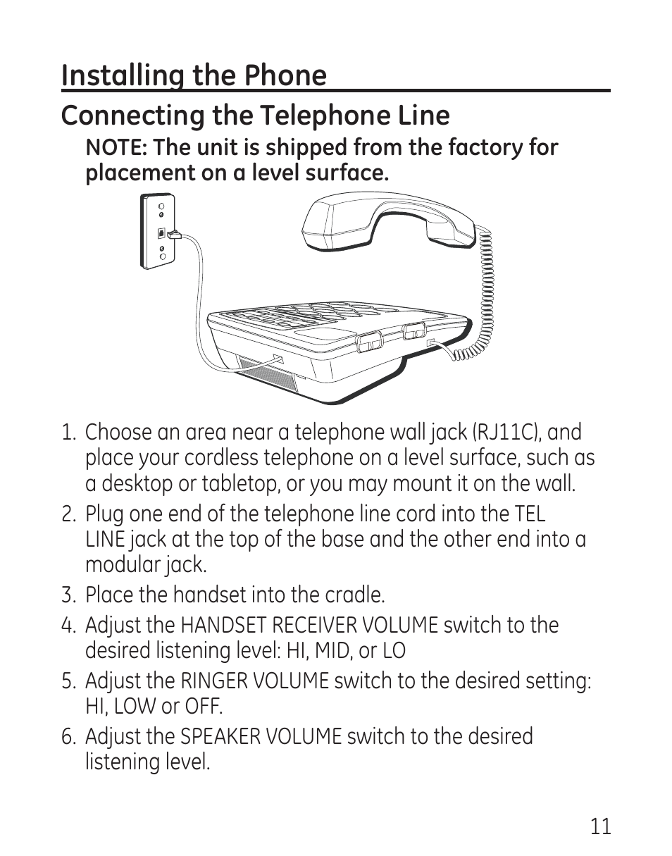 Installing the phone, Connecting the telephone line | GE 29568 User Manual | Page 11 / 56