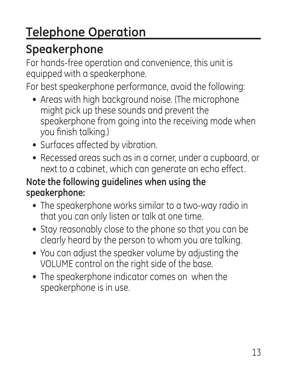 Telephone operation, Speakerphone | GE 29568 User Manual | Page 13 / 56