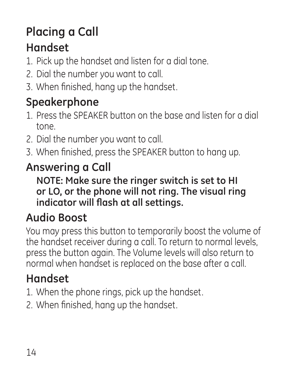 Placing a call | GE 29568 User Manual | Page 14 / 56