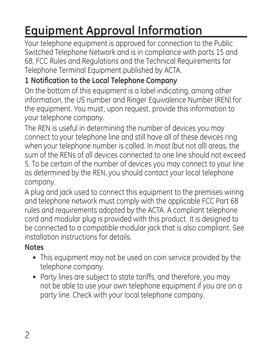 Equipment approval information | GE 29568 User Manual | Page 2 / 56