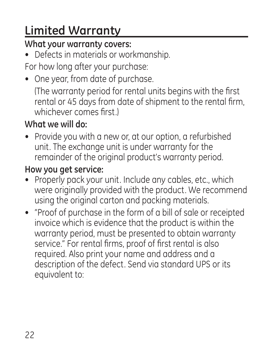 Limited warranty | GE 29568 User Manual | Page 22 / 56