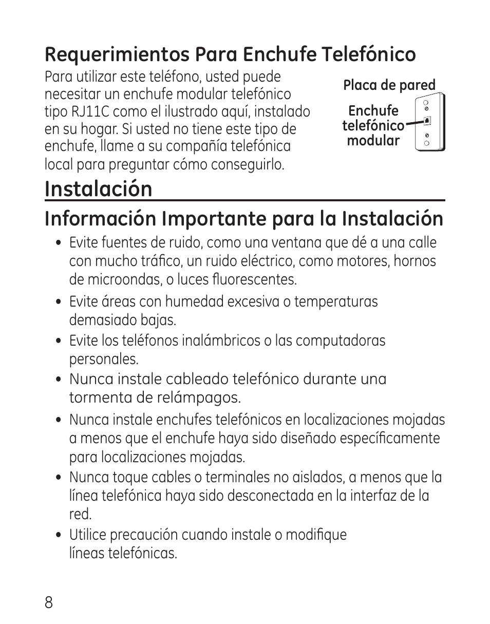 Instalación, Requerimientos para enchufe telefónico, Información importante para la instalación | GE 29568 User Manual | Page 36 / 56