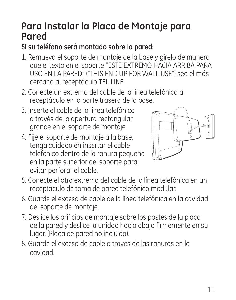 Para instalar la placa de montaje para pared | GE 29568 User Manual | Page 39 / 56