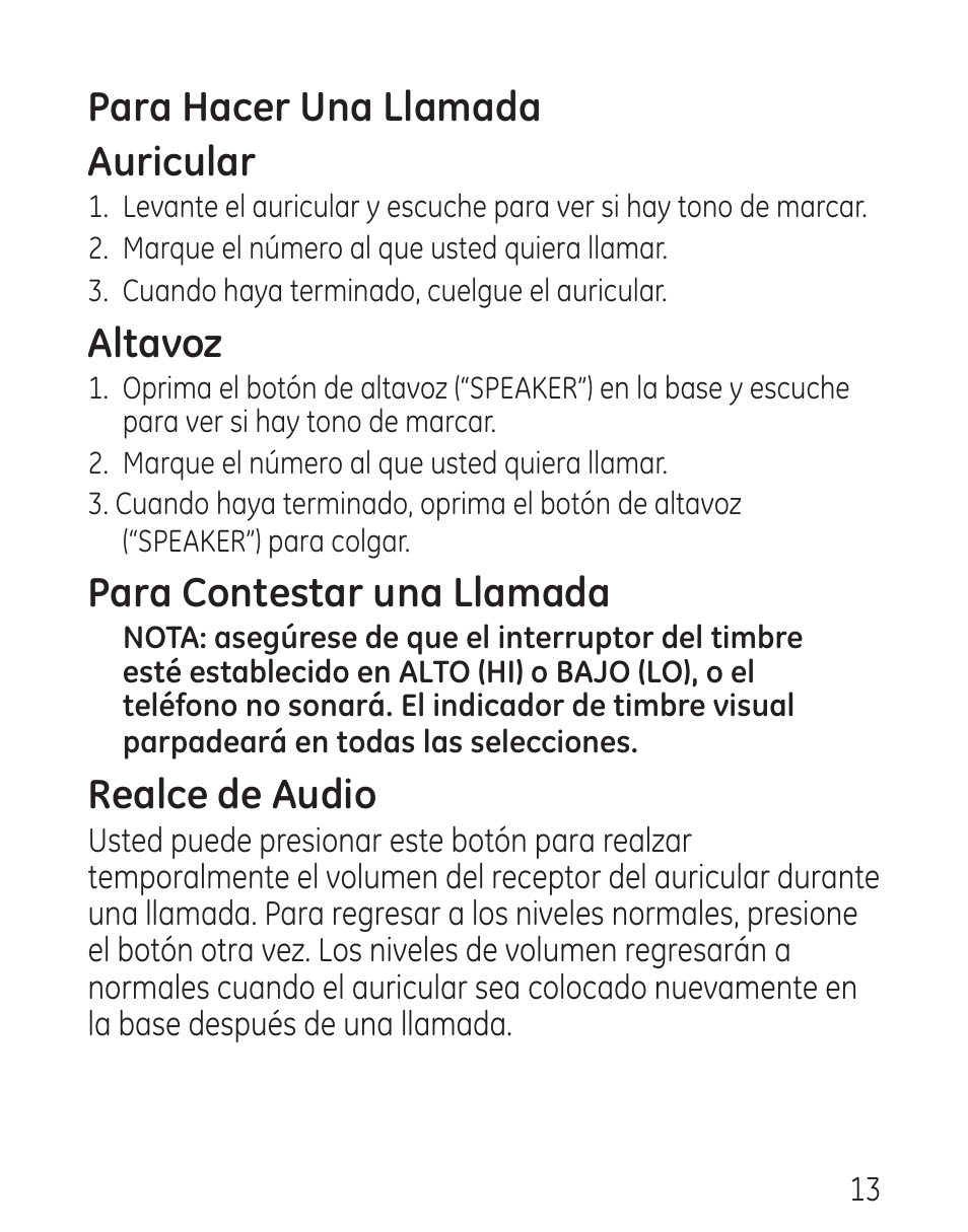 Para hacer una llamada auricular, Altavoz, Para contestar una llamada | Realce de audio | GE 29568 User Manual | Page 41 / 56