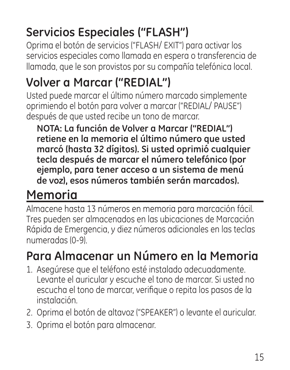Servicios especiales (“flash”), Volver a marcar (“redial”) | GE 29568 User Manual | Page 43 / 56