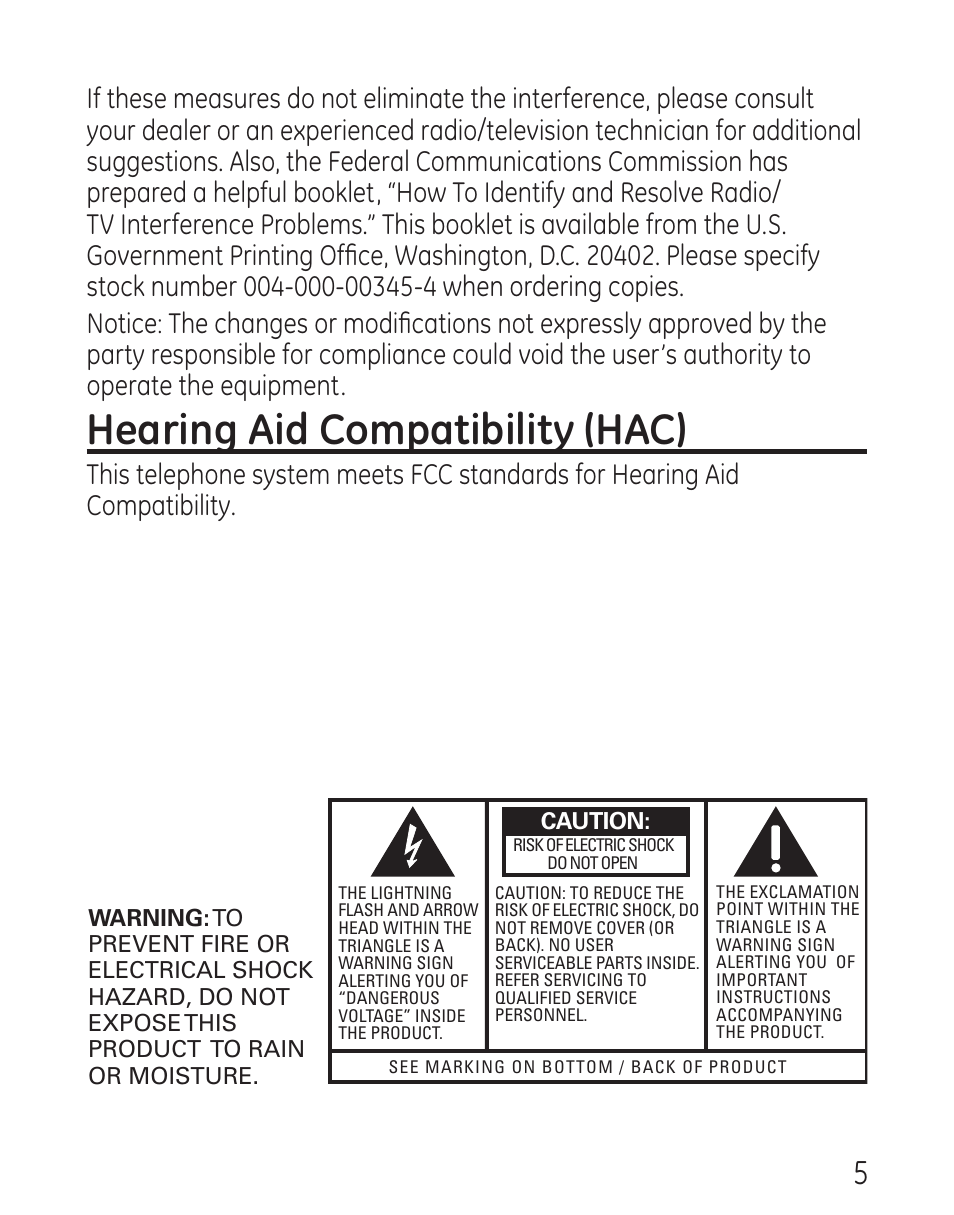 Hearing aid compatibility (hac) | GE 29568 User Manual | Page 5 / 56