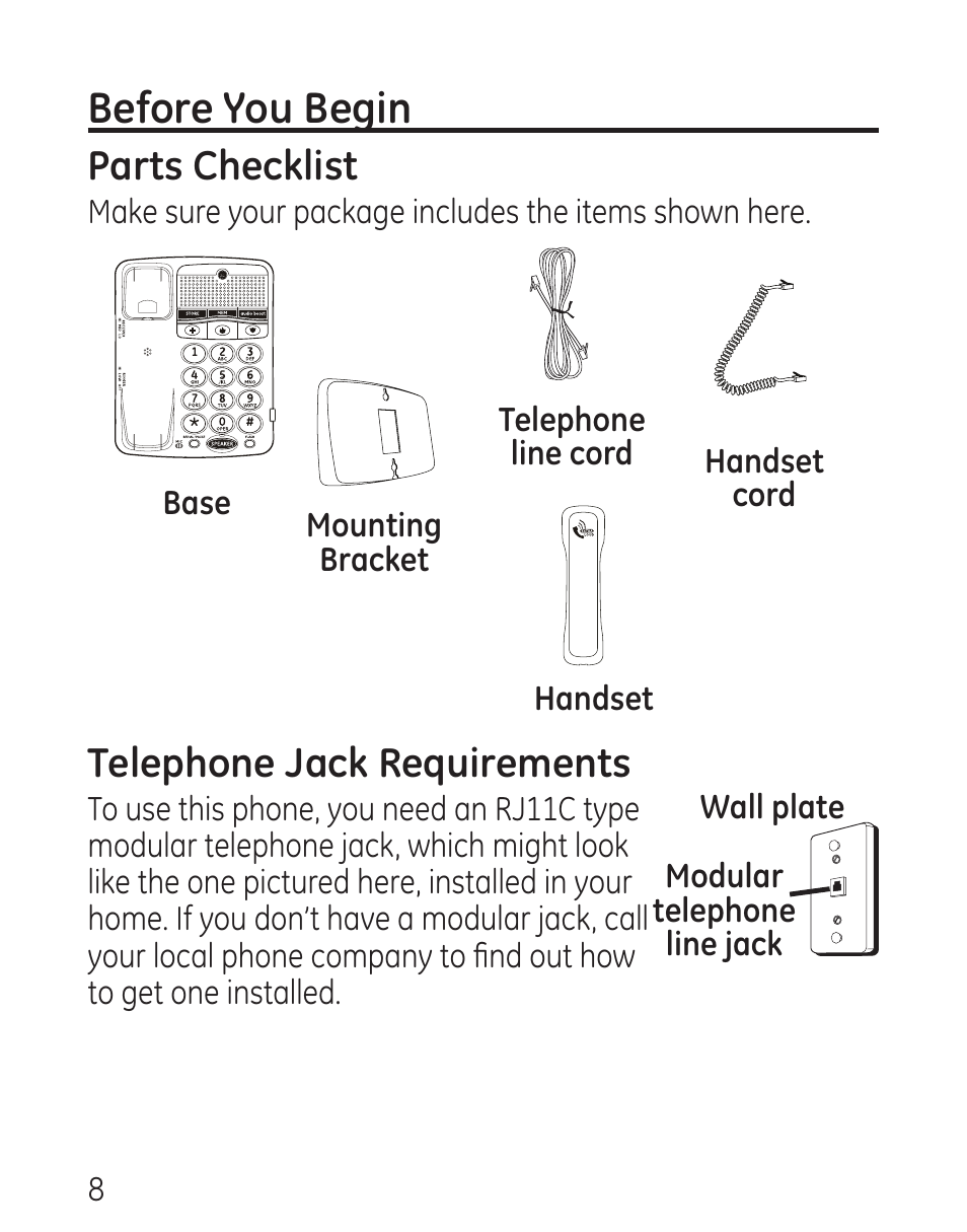 Before you begin, Parts checklist, Telephone jack requirements | GE 29568 User Manual | Page 8 / 56