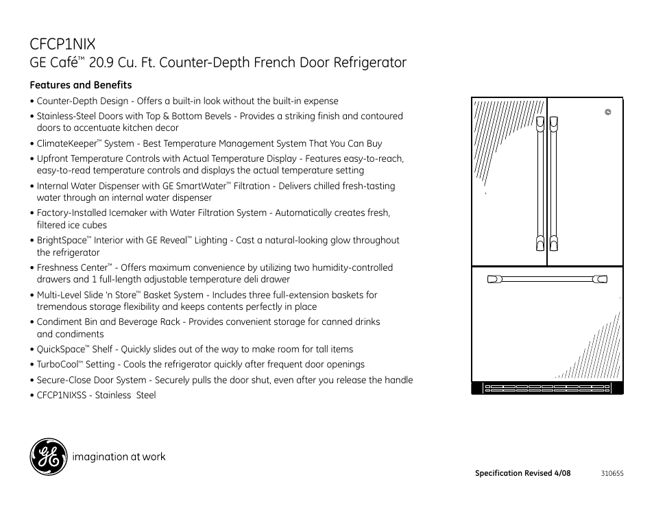 Cfcp1nix, Ge café, 9 cu. ft. counter-depth french door refrigerator | GE CFCP1NIX User Manual | Page 2 / 2