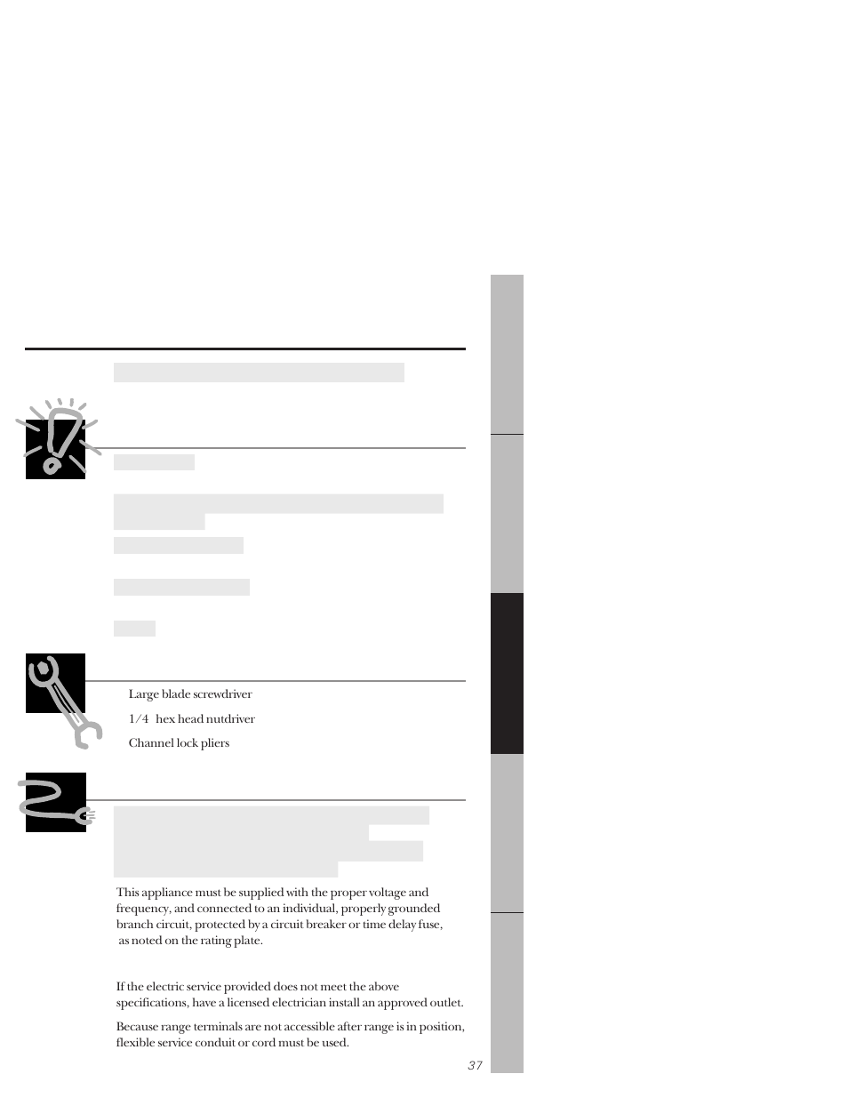 Before you begin, Installation of the range, Tools you will need electrical requirements | GE 164D3333P159 User Manual | Page 37 / 56