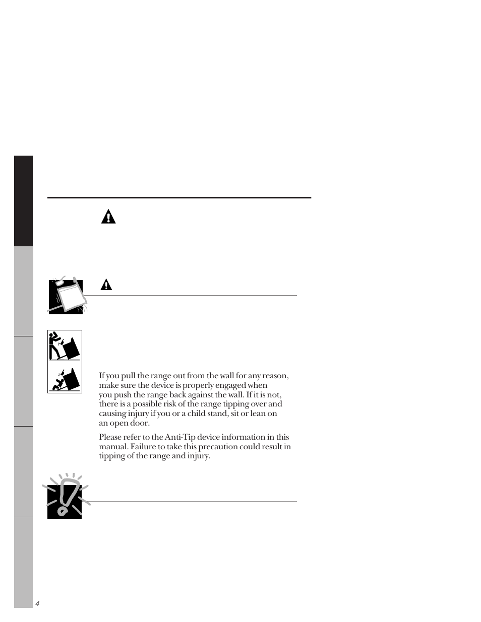 Anti-tip device, Warning, Warning anti-tip device important safety notice | GE 164D3333P159 User Manual | Page 4 / 56